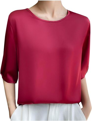 Silk Blouse for Women, Short Sleeve Silk Tops Satin Blouse Solid Tops French Collar Style Elegant Shirts in Kuwait