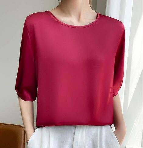 Silk Blouse for Women, Short Sleeve Silk Tops Satin Blouse Solid Tops French Collar Style Elegant Shirts in Kuwait
