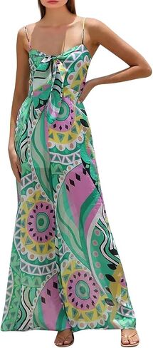 Women Dresses 2025 Cute Print Maxi Cami Dresses Sleeveless Casual Spaghetti Strap Graffiti Dress Vacation Dresses in Saudi Arabia