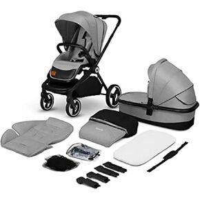 Mika 2-in-1 مزيج من كرسي Pushschair Carrycot Pram Buggy Rain Cover Coath Coftion Strap لنقل مراتب البعوض شباك القدم غلاف مقاوم للماء عجلات مطاطية (حجر رمادي)