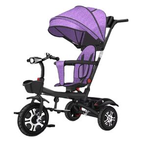 Folding Toddler Stroller Buggies, Parent Steering Tricycle with Pushrod, Children Pram Headlight and Shock Spring, Reversible Seat Guardrail Belt(Black Purple)