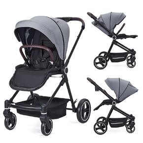 Stroller for Newborn, Convertible Baby Pram with Reversible Seat and One-Hand Fold, High Landscape Toddler Infant Pushchair with Storage Basket, Adjustable Footrest & Canopy, UPF 50+ Canopy (Grey)