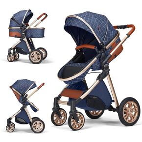 2 in 1 Baby Stroller, High Landscape Infant Stroller Reversible Bassinet Pram Foldable Pushchair with Adjustable Canopy, Storage Basket, Suspension Wheels，5-Point Harness (2in1 Blue)