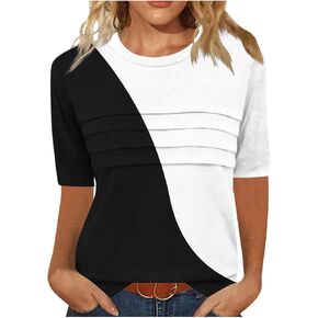 Womens Tops Dressy Casual Crewneck Pleated Front Blouse Summer Cotton Half Sleeve Tunic Tshirt Elbow Length Tee Shirt
