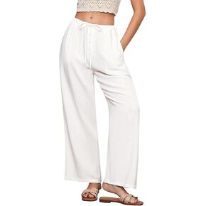 Women's Summer Pants Casual Linen Pants Lounge Beach Sweatpants Drawstring Flowy Wide Leg Trousers With Pockets