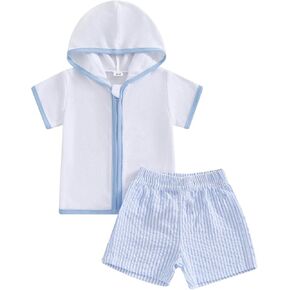 Toddler Baby Boys Swim Cover Up Sets Infant Newborn Zip Up Bathing Suit with Hood Kids Pool Beach Coverup Clothes