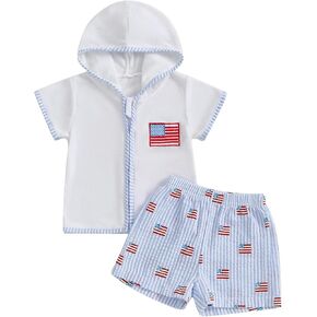 Toddler Boy 4th of July Swimsuit Towel Terry Swim Cover Up Flag Embroidery Zipper Hooded Bathing Suit Swimwear Set in Kuwait