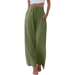 Linen Pants Women Wide Leg Long Summer Beach Flowy Sweatpants Lightweight Drawstring Vacation Trouser With Pockets