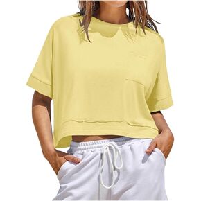 Womens Short Sleeve Cropped T-Shirts Drop Shoulder Round Neck Crop Tops Casual Summer Oversized Tees with Pocket