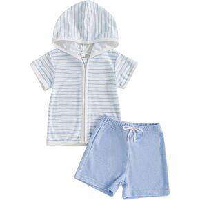 KMBANGI Toddler Baby Boy Swim Cover Up Striped/Chessboard Terry Zipper Hooded Tops Shorts Kids Bathing Suit Cover