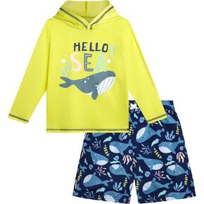 Toddler Boys Swim Set - 2 Piece Long Sleeve Rash Guard Swim Shirt with Hood and Swim Trunks (Sizes: 2T-7)