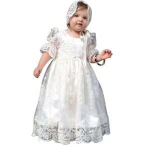 Long Lace Bonnet Christening Gowns for Girls with Buttons Half Sleeves