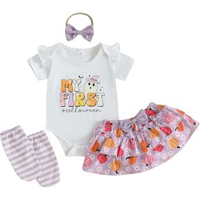First Baby Girl Halloween Outfit Pumpkin/Ghost Print Romper Bow Ruffle Skirts Stockings Headband 4PCS Clothes Set