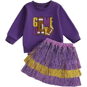 Toddler Baby Girl Football Outfit Long Sleeve Football Letter Print Sweatshirt Fringe Skirt 2PCS Fall Clothes Set