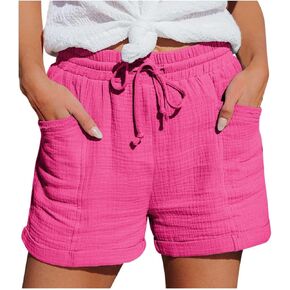 Casual Shorts for Women High Waisted Linen Shorts Beach Trousers Summer Vacation Drawstring Elastic Short Pants
