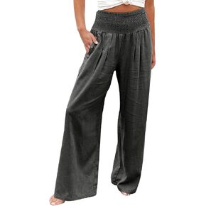 Long Linen Pants Women Wide Leg High Waisted Boho Beach Flowy Pant Casual Vacation Outfits Elastic Lounge Trousers