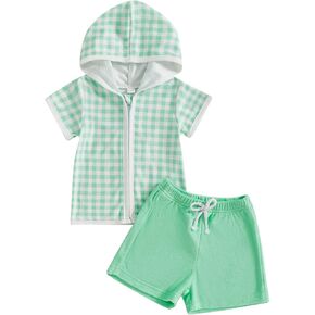 Toddler Boy Girl Swimsuit Coverups Zip Up Bathing Suit Short Sleeve Hooded Shirt Shorts Set Swimwear Beach Cover Up