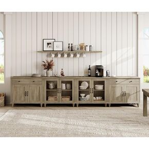 WAMPAT Sideboard Cabinet with 4 Glass Doors, 4 Wood Doors and 2 Drawers, Vintage Wood Grain Design, 4-in-1Buffet Cabinet with Storage, Coffee Bar for Dinning Room, Kitchen,and Living Room, Wash Grey