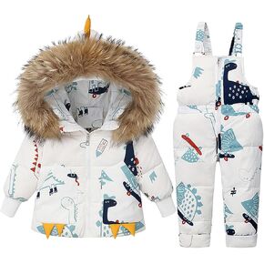 Baby Boy Winter Down Snowsuit Girls Dinosaur Print Ski Snow Jacket Bib Pant Kids 𝐖aterproof Warm Outfits