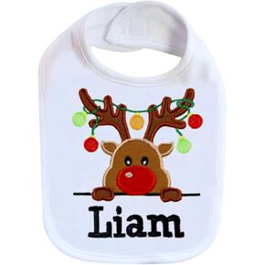 Christmas Baby Bib Holiday Reindeer Unisex Personalized with Baby Custom Name