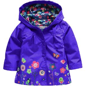 Toddler Baby Girls Waterproof Jacket Floral Printed Hooded Raincoat Windproof Warm Outwear Button Rainy Jacket