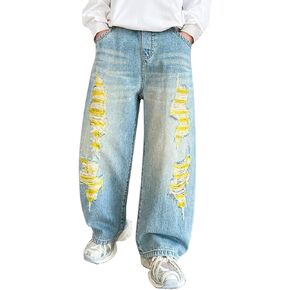 Boys Baggy Jeans Kids Y2K Casual Straight Wide Leg Cargo Jeans Loose Denim Pants Trousers 5 6 7 8 9 10 12