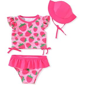 Baby Swimsuit Girl 3 Piece Tankini Bathing Suit Ruffle Beach Infant Swimwear with Hat