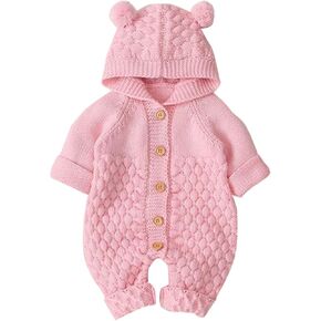 Baby Newborn Knit Bear Jumpsuit Winter Hooded Solid Button-down Fleece for Infant Girls Boys