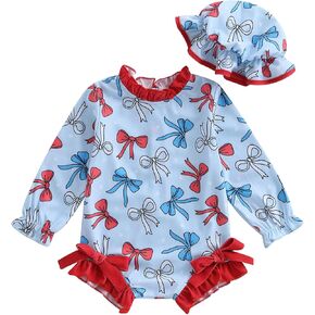4th of July Toddler Baby Girl Swimsuit Patriotic Bow Swimwear Long Sleeve Zipper Rash Guard Ruffle Bathing Suit