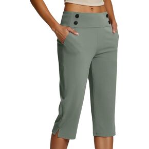 Women's Plus Size Capris Shorts Knee Length Dressy Causal Elastic Waist Buttons Stretch Capris for Women Pockets