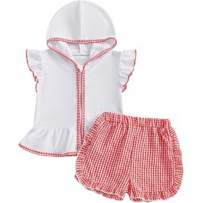 Toddler Baby Girl Swimsuit Bathing Suit Coverup Terry Cloth Flutter Sleeve Zipper Hooded Tops Plaid Ruffle Shorts Set