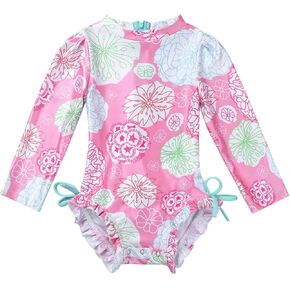 FEESHOW Baby Girls Floral One Piece Long Sleeve Rash Guard Swimsuit Shirt with Ruffle Bloomers Swim Briefs Set