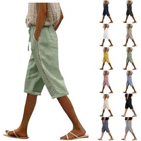 Womens Shorts With Pockets Casual High Waist Linen Knee Length Lounge Summer High Waisted Drawstring Beach Shorts