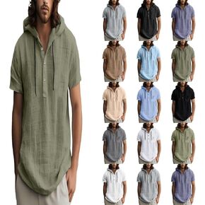 Linen Shirts for Men Lightweight Button Up Short Sleeve Shirts with Hood Loose Fit Breathable Boho Beach Linen Hoodie