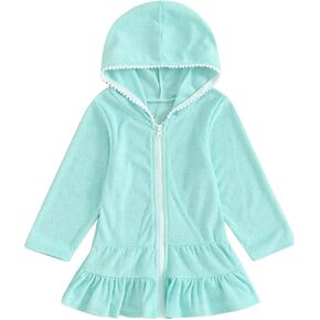 Toddler Baby Girls Long Sleeve Cover up Swimsuit Towel Hooded Zipper Beach Dress Kids Soft Rash Guard Swimwear Coverup