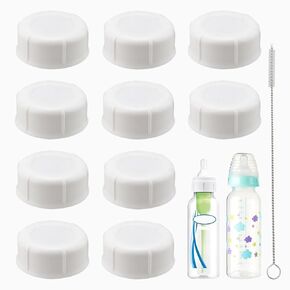 10Pcs White Travel Bottle Caps with Cleaning Brush Compatible with Dr Brown Narrow Bottles, Storage Caps Replacement for Medela Bottles,Bottle Caps with Sealing Gasket Bottle Lids Replacement Parts