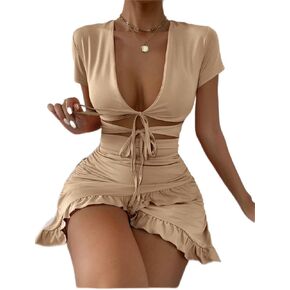 ROLVK Women's Casual Dresses Tied Cutout Front Ruffle Trim Wrap Hem Dress Charming Mystery Special Beautiful