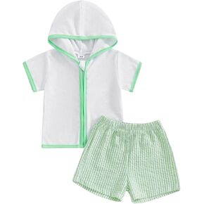 Toddler Baby Girls Swim Cover Up Infant Boys Seersucker Swim Trunks Short Sleeve Terry Hooded Beach Towel Bathing Suits