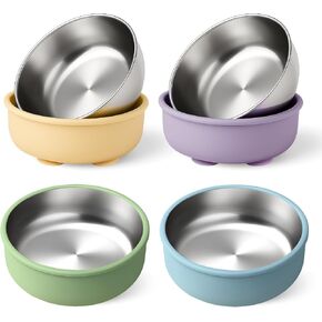 Mity Rain Steel and Silicone Bowls for Baby-لوحات شفط من 4 قطع للأطفال الصغار ، وقشرة السيليكون القابلة للإزالة ، وعاء طعام للأطفال غير القابل للانزلاق مع تصميم غير قابل للكسر (أوعية صغيرة مع شفط)