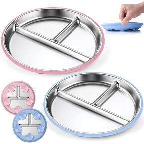 OVV Stainless Steel Kids Plates (2 Pack) 9 Inch Toddler Divided Plates with ﻿Removable Silicone Sleeves & 5 Suction Cups Baby Self Feeding | Mess-Free Mealtime | Dishwasher Safe