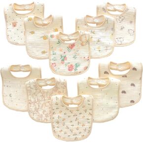 MUKIN Baby Muslin Bibs, Cotton Drooling Feeding Towels, Adjustable Snap Closure, Various Prints, 10 Pack