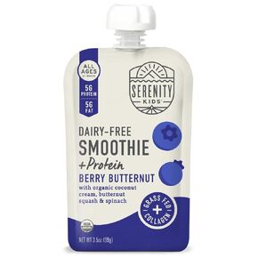 Serenity Kids 6+ Months Dairy-Free Smoothie Baby Food | USDA Organic | Grass Fed Collagen Protein | 3.5 Ounce BPA-Free Pouch | Berry Butternut | 1 Count