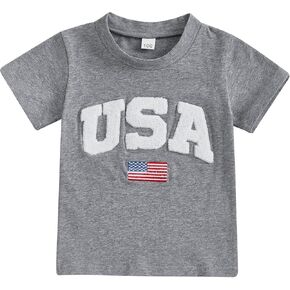 Toddler Baby Boy 4th of July Polo T Shirt Dog and American Flag Embroidered Lapel Collar Button Striped Blouse Tops
