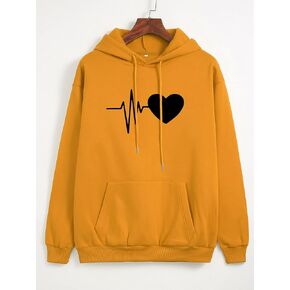 Women for Sweatshirt Heart Print Drop Shoulder Hoodie Women for Sweatshirt (Color : Red, Size : X-Small)
