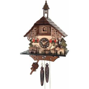 Traditional Black Forest Cuckoo Clock, Wooden Chalet Design with Bell Tower, Hand-Carved Decorations