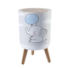 Trash Can with Lid Cute Cartoon Elephant Baby Baby Shower Print Press Top Round Small Garbage Bin with Wooden Legs Waste Basket for Kitchen Bedroom Nursery 7L/1.8 Gallon