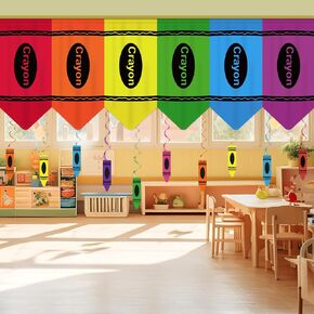 23Pcs Rainbow Crayon Curtains Classroom Decor with Colorful Hanging Swirls Back to School Decorations for Teacher Appreciation Week First Day of School Bedroom Window Cover Room