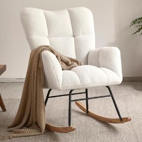 Nursery Rocking Chair, Teddy Fabric Upholstered Glider Rocker with High Backrest, Modern Rocking Accent Chairs Comfy Side Chair for Nursery, Bedroom, Living Room (Ivory)