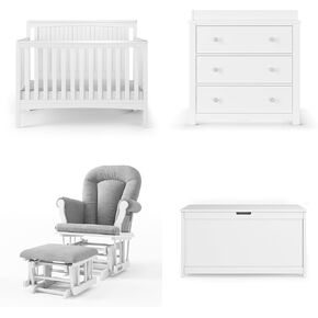 Child Craft Scout 4-Piece Nursery Set, Includes 4-in-1 Convertible Crib, Dresser with Changing Table Topper, Cozy Glider, and Toy Box (Matte White)
