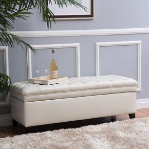 Stylish and Spacious Ivory Storage Ottoman with Comfortable PU Cushion, Living Room or Bedroom